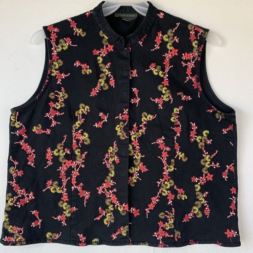 British Khaki Vest Women 1X Black Denim Snap Buttons Beaded Boho Artsy Floral - Picture 14 of 16